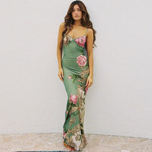 Sleeveless Floral Print Spaghetti Strap Dress New Fashion Maxi Beach Party Club Chic Dress