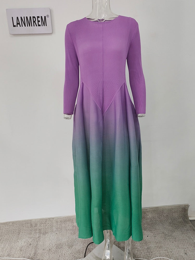 Maxi Pleated Elegant Luxury Party Dress Gradient Full Sleeves Fold Elegant Dress Women