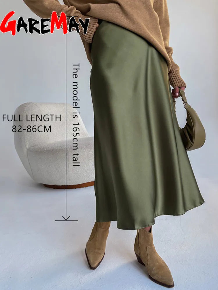 Women's Long Satin Style Midi Skirt Elegant High Waist Office A-line Solid Vintage Skirt