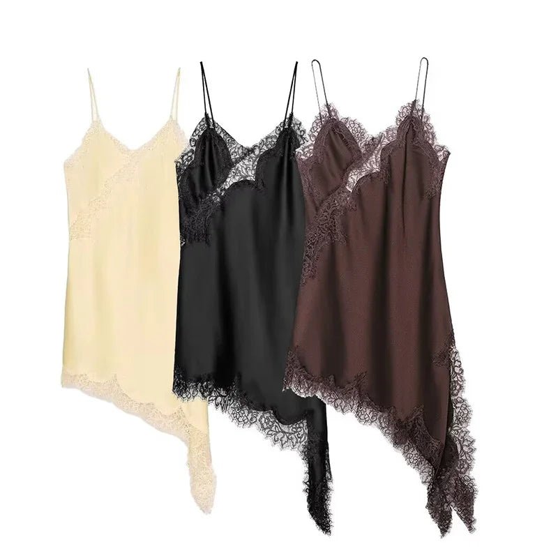 Three lace-trimmed camisoles in beige, black, and brown on a white background