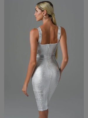 Boutique Designer Style Sexy Metallic Sleeveless Backless Short Dress Gold Silver Midi Bodycon Bandage Dress Elegant Evening Wedding Party Dress