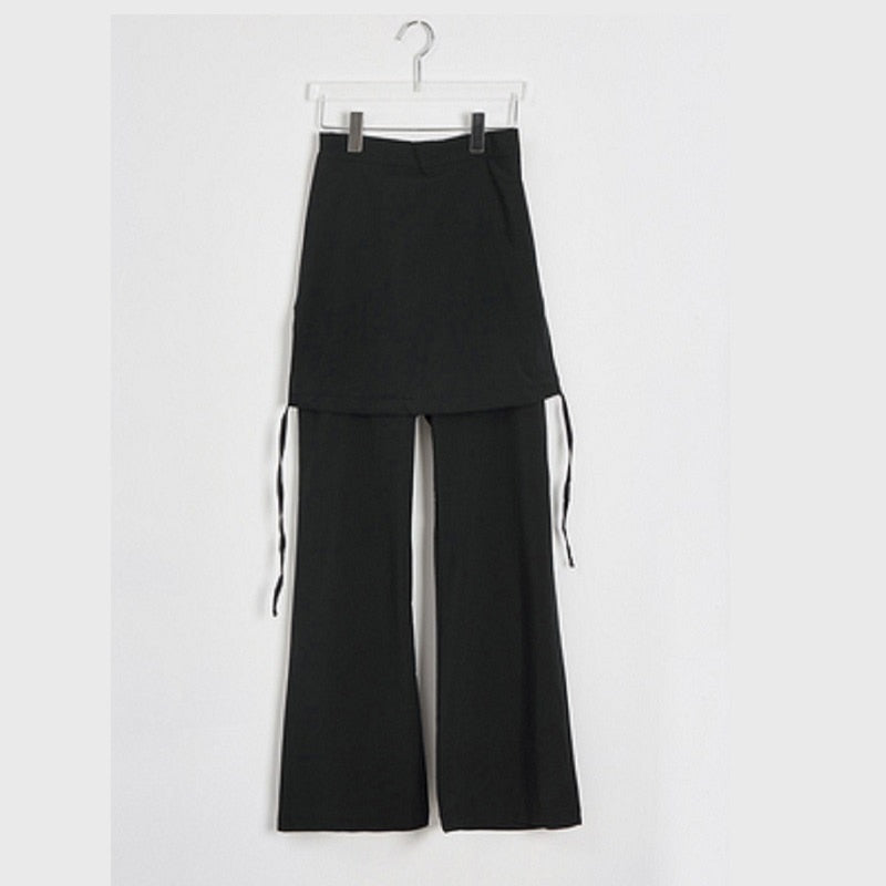 Women Solid Color Elastic Waist Loose Wide Leg Pant Fake Two Piece Casual Trousers