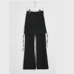 Women Solid Color Elastic Waist Loose Wide Leg Pant Fake Two Piece Casual Trousers