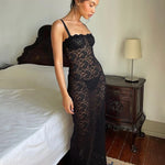 Women's Sexy Lace Floral Long Black Dress Spring/Summer Mesh See-Through Maxi Elegant Party Beach Dress