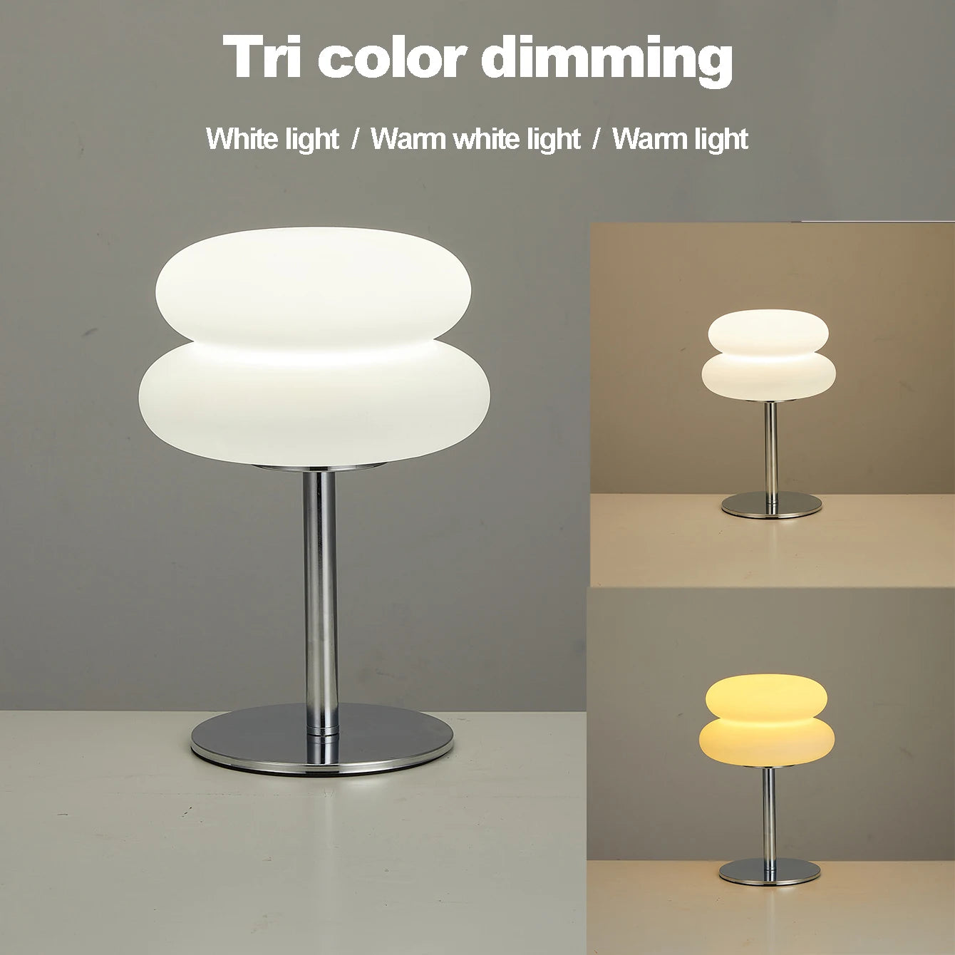Table lamp with three color options displayed on a gray background
