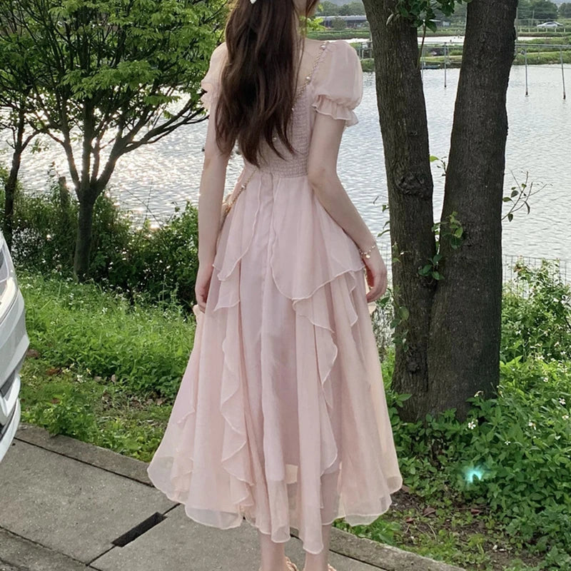 Women's Summer Dress Chiffon Fairy Chic Party Y2K Midi Dress Elegant Slim Irregular Dress