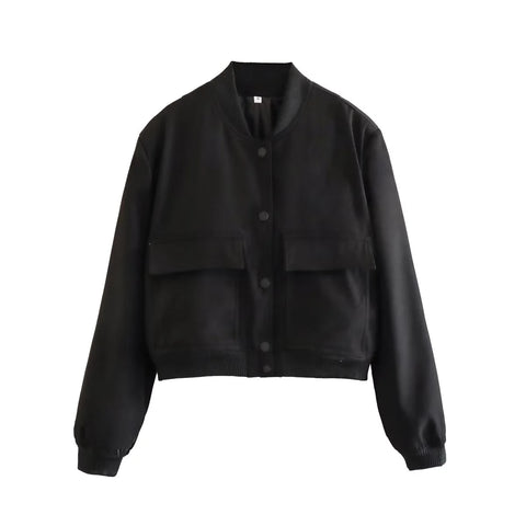 Bomber Jacket Women Pockets Short Casual Vintage Spring Fall Chic Outerwear Fashion Coat