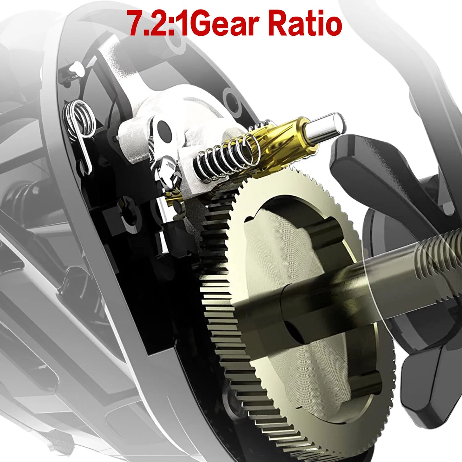 Close-up of a gear system with a 7.2:1 gear ratio label.