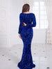Royal Blue Long Sleeve Sequin Mermaid Dress Women Bodycon Floor Length Elegant Evening Party