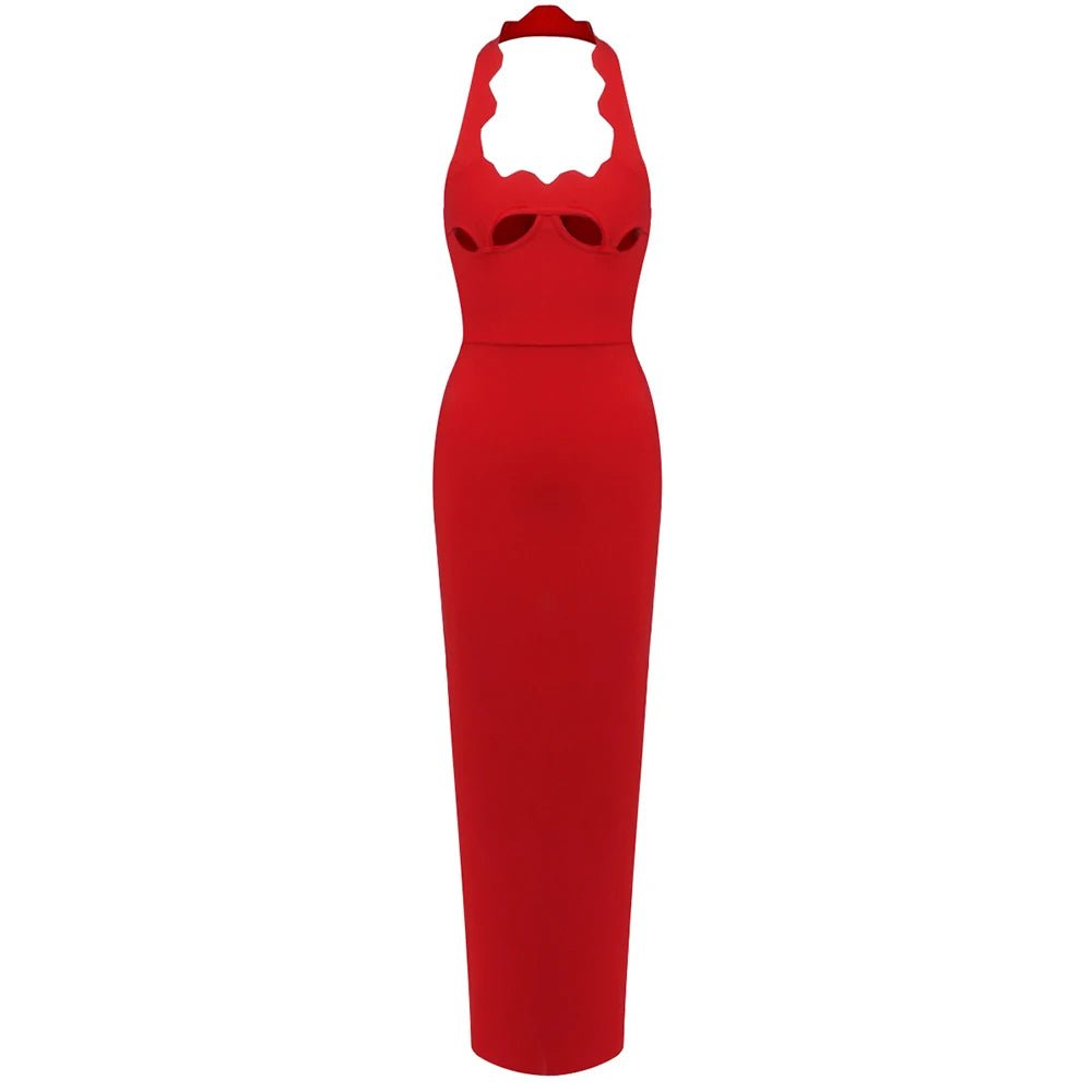 Red Halter Bodycon Maxi Dress Women Hollow Out Empire Waist Elegant Party Wedding Guest Prom