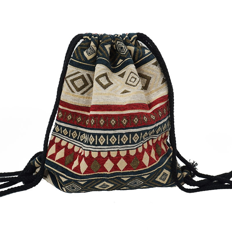 Women's Fabric Backpack Bohemian Hippie Chic Soft Brown Bag Drawstring Backpack