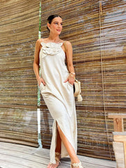 New Elegant Boutique Maxi Dress Sleeveless Solid Color Side Split Vintage Fashion Loose Dress