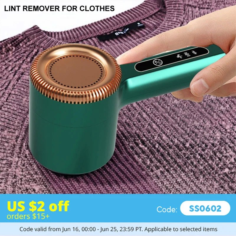 Lint remover for clothes held by a hand on a textured fabric background with promotional text.