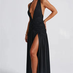 Elegant Halter Maxi Dress with High Slit in Deep Burgundy Black & White Colors