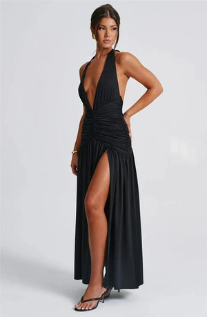 Elegant Halter Maxi Dress with High Slit in Deep Burgundy Black & White Colors