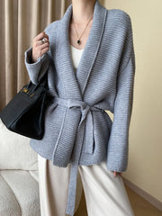Knitted Cardigan Sweater Loose Lace Up Waist Oversized Warm Cardigan for Women One Size