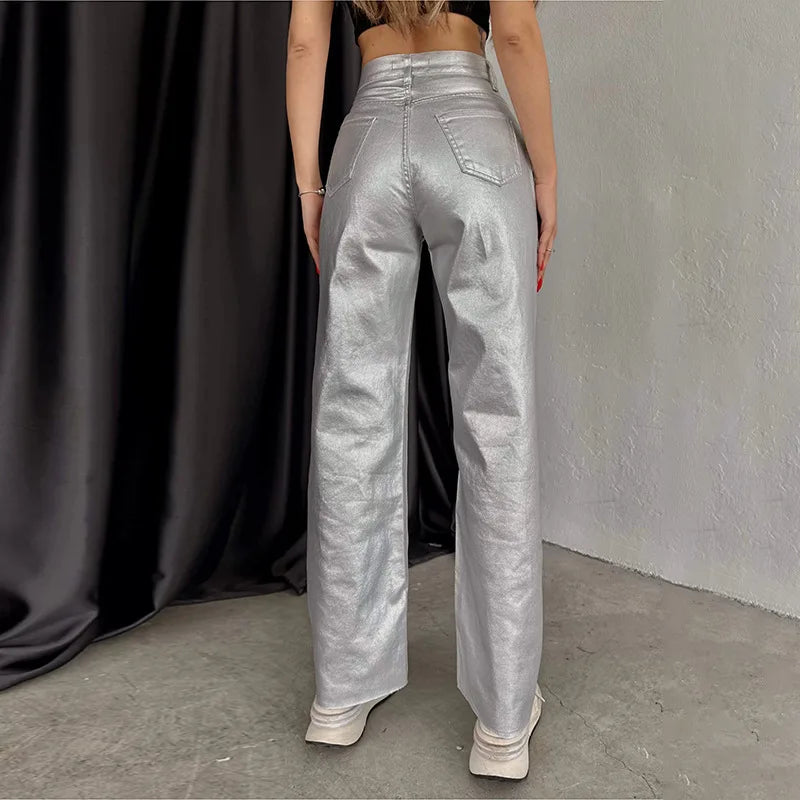 Gold & Silver High-Waist Metallic Straight Loose Fit Pants for Parties & Events