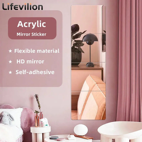 Acrylic mirror sticker on a wall with decorative elements and 'Lifevilion' branding.