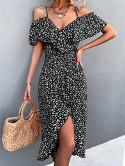 Ladies Off Shoulder Spring Summer Dress Fashionable Straps Ruffles Floral Print Dress