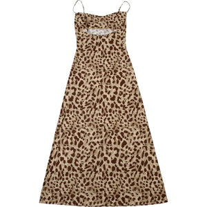 Leopard Print Satin Slip Dress – Sleeveless Cowl Neck Maxi Dress Spaghetti Strap Backless Ruffles Party Gown