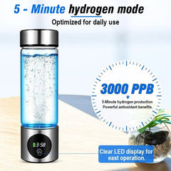 Hydrogen production device with water inside, labeled '5-Minute hydrogen mode' and '3000 PPB'.