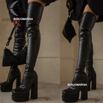 Women's Thigh High Boots Double Platform Block High Heels Over The Knee Boots Zipper Sexy and Chic High Boots