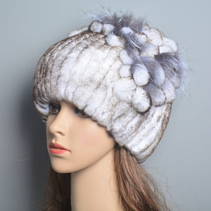 Women's Genuine Rex Rabbit Fur Hat Striped Top Flower Warm Real Fur Knit Beanie Caps