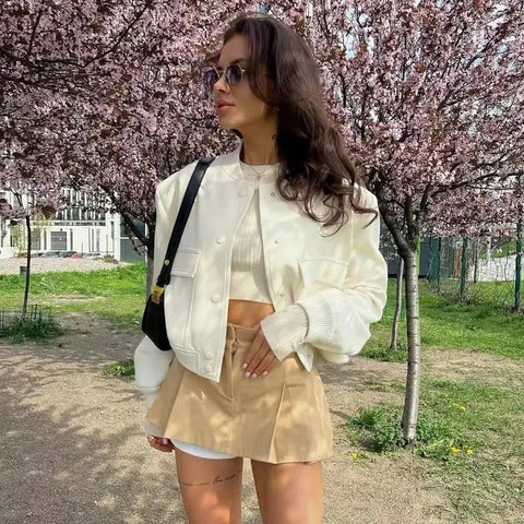 Bomber Jacket Women Button Baseball Aviator Cropped Long Sleeve Autumn Winter Casual Outerwear