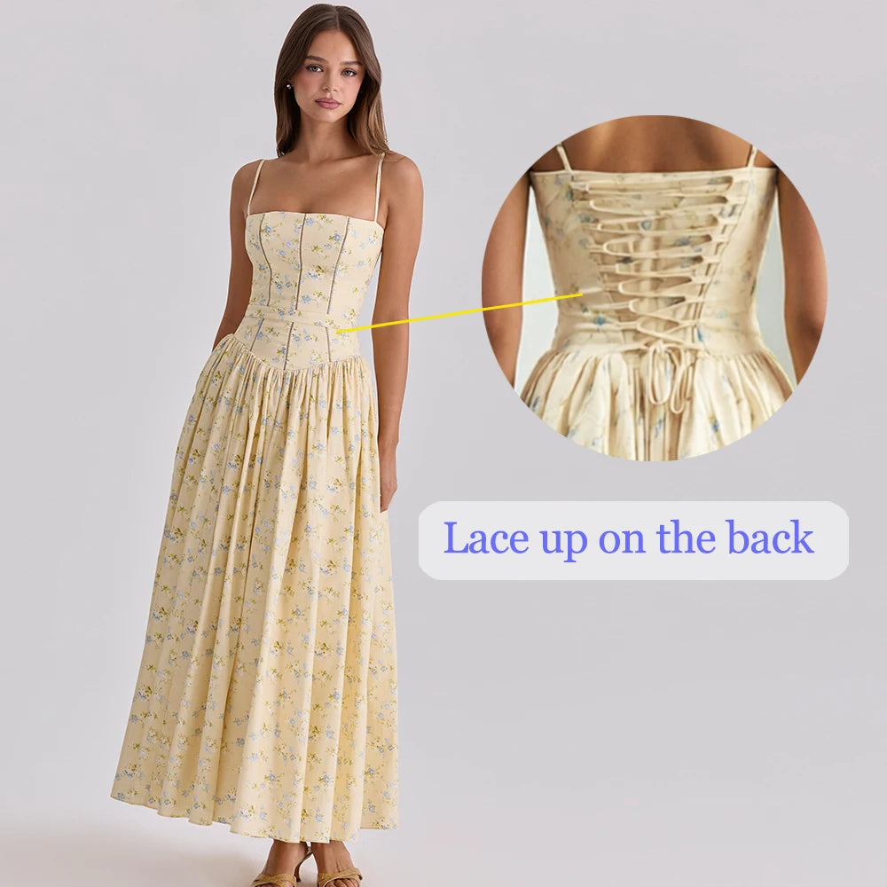 Floral Print Spaghetti Strap Maxi Dress Women A-Line Lace Up Elegant Beach Holiday Summer
