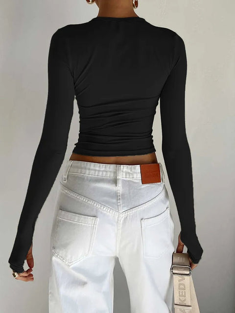 Long Sleeve T-Shirt Women Crew Neck Solid Slim Fit Crop Top Thumb Holes Streetwear Spring Fall
