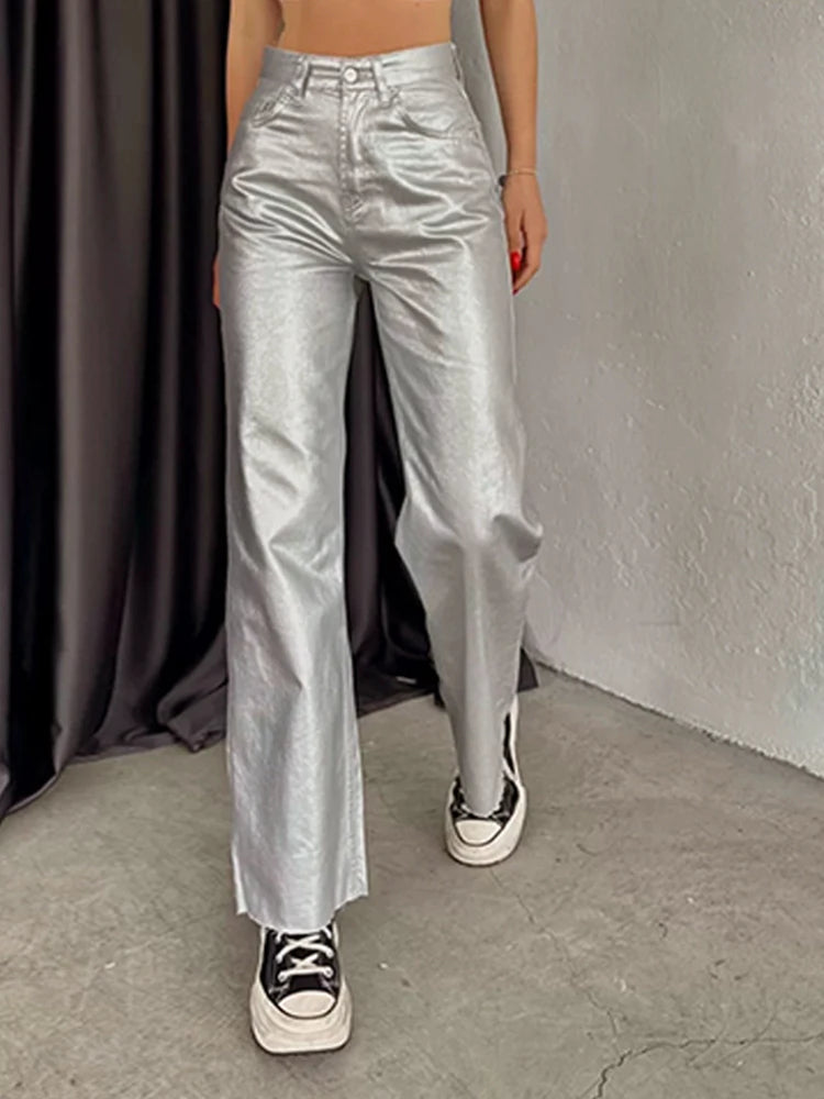 Metallic Straight Loose Fit Pants silver