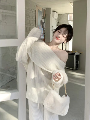 Women's Fashion Sexy White/Red/Khaki Knitted Of Shoulder Sweater Long Sleeve Y2k Elegant Pullover