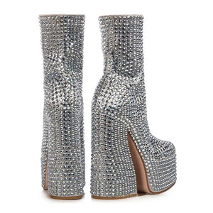 Women's Square Toe Platform  Rhinestone Glitter Short Boots Super High Heel Diamond Crystal Decoration Short Vintage Chic Ankle Boots