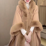 Women's Thick Velvet Knitted Faux Fur Collar Coat Loose Poncho Tassel Cloak With Hat Long Faux Rabbit Fur Collar Cape Coat