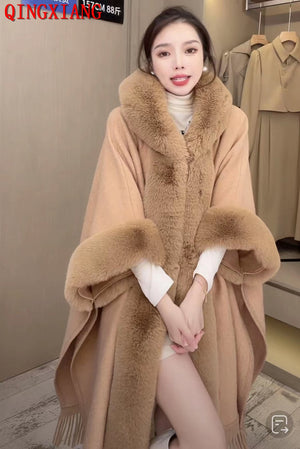 Women's Thick Velvet Knitted Faux Fur Collar Coat Loose Poncho Tassel Cloak With Hat Long Faux Rabbit Fur Collar Cape Coat