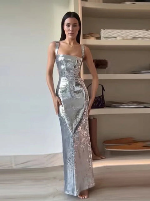 Maxi Dress Women Backless Sequin Glitter Bodycon Shiny Sleeveless Cut Out Elegant Evening Party Prom