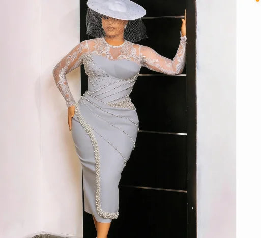 Wedding dress grey midi pearls