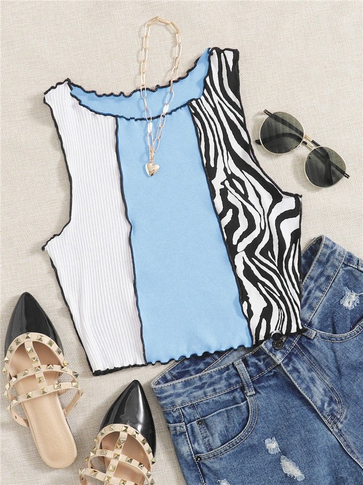 Zebra Stripe Rib Knit Crop Top Women Graphic Patchwork Y2K Sleeveless Tank Casual Fashion