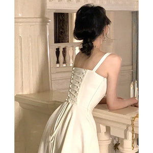 French Elegant White Strap Midi Dress New Fashion Casual Evening Party Dress Beach Sleeveless Lace-Up Dress