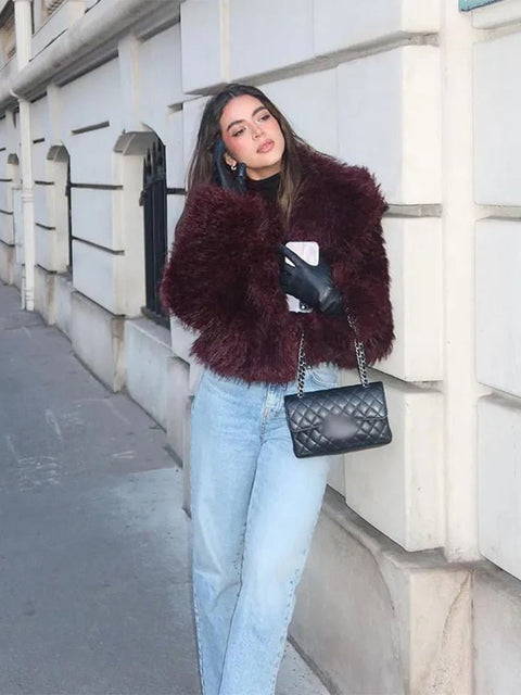 Faux Fur Coat Women Fluffy Loose Fit Long Sleeve Lapel Collar Winter Warm Plush Jacket Fuzzy