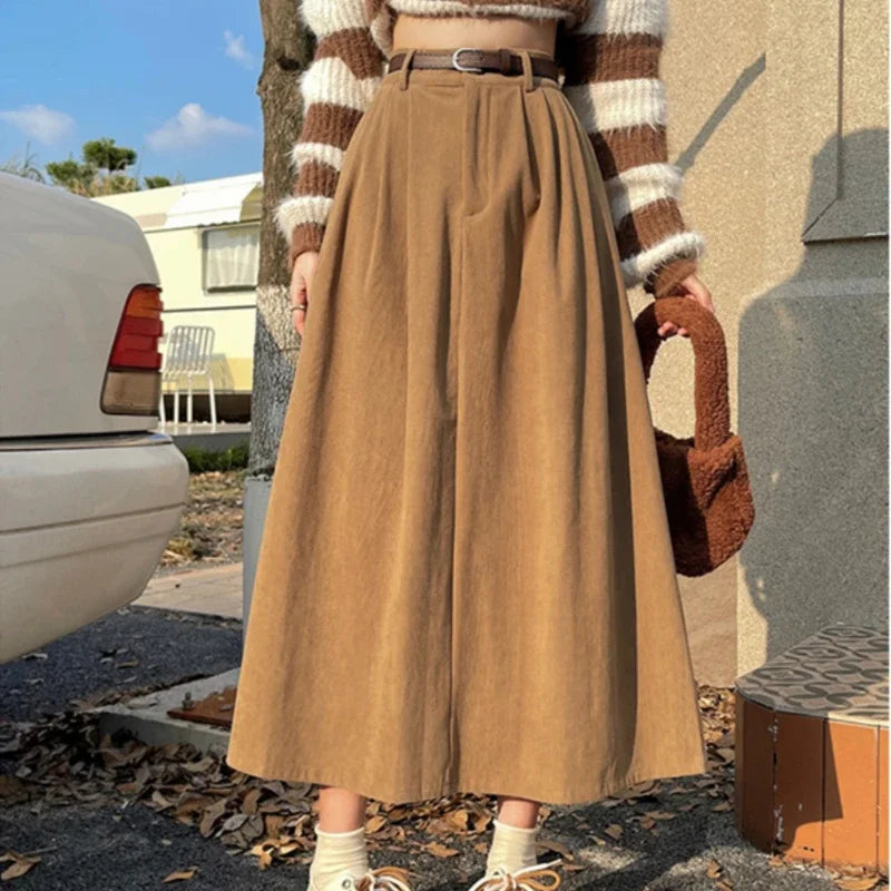 Corduroy Solid Skirts Preppy Style Autumn Winter New Fashion A-Line Retro Long Skirt