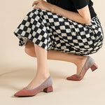 Real Comfortable Knitted Flats Block Heels Pointed Toe Pumps, Square Women Heels, Breathable Comfy Everyday Office Pumps