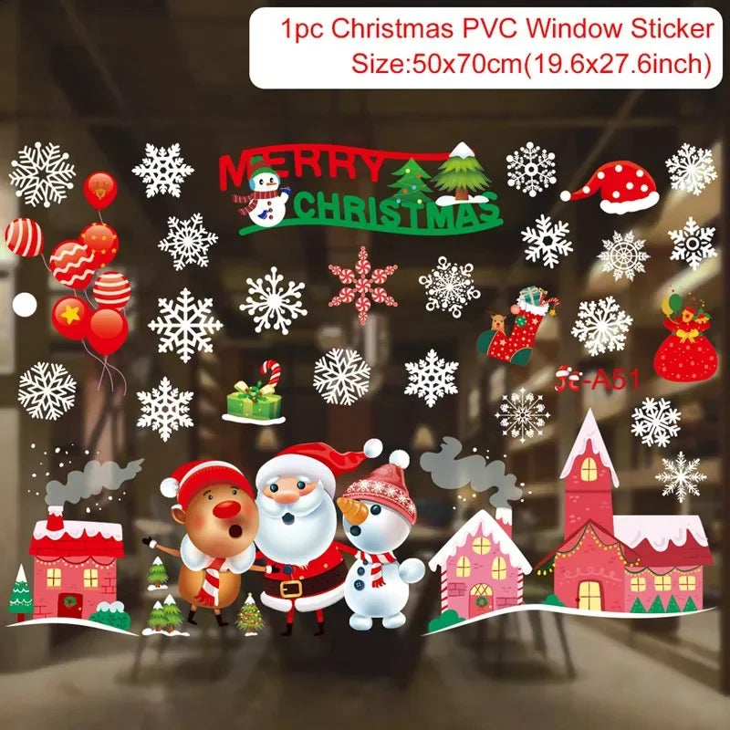 Christmas-themed window sticker set with Santa Claus, reindeer, snowman, and festive elements on a dark background.