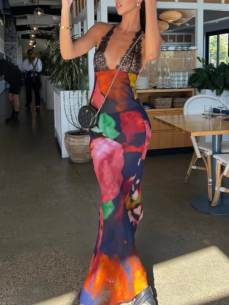 Elegant Tie Dye Floral Chiffon Dress Summer Sexy Women's Backless Lace Bodycon See Through Beach Party Maxi Dress