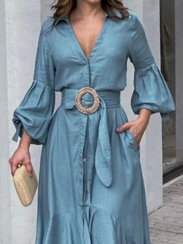 Women's Vintage Dress Long Lantern Sleeve with Belt Irregular Hem Midi Dress
