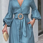 Women's Vintage Dress Long Lantern Sleeve with Belt Irregular Hem Midi Dress