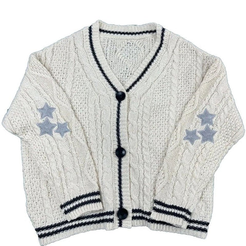Star Printed Knitted Cardigan Women V-Neck Long Sleeve Casual Elegant Winter Fashion Sweater