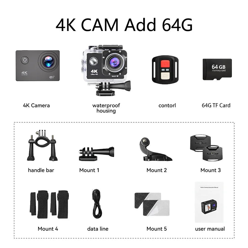 List of items included with a 4K camera setup, including camera, waterproof housing, control, memory card, mounts, and accessories.