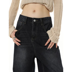 Navy Blue High Waist Women's Jeans American Fashion Vintage Streetwear Wide Leg Jeans Baggy Denim Trouser Pants
