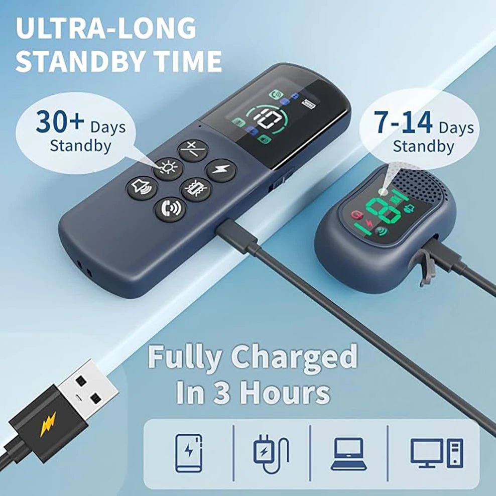 Two electronic devices with standby time and charging time information on a blue background